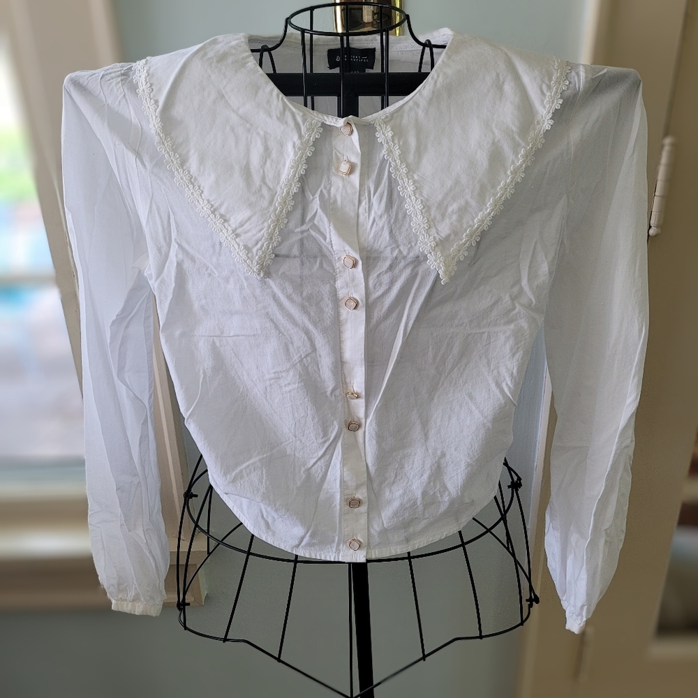 NWOT Bright & Beautiful White Lace Collar Button Down Women's 8